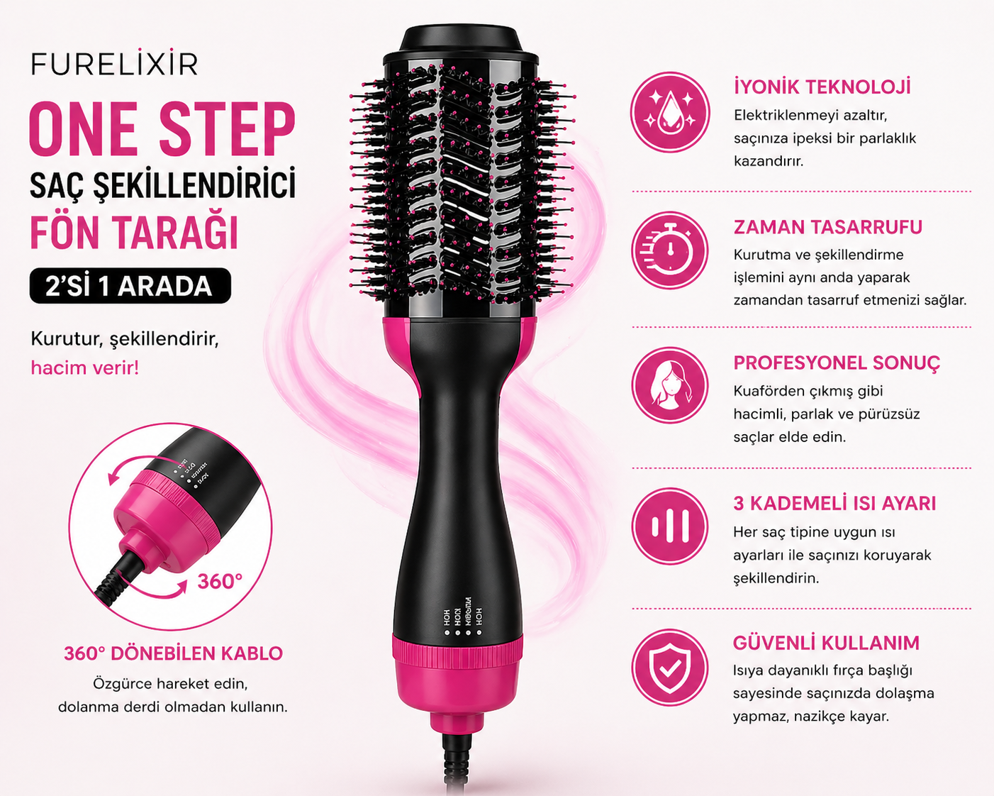 Furelixir One Step - 2'si 1 Arada Saç Şekillendirici ve Hacim Veren Fön Tarağı